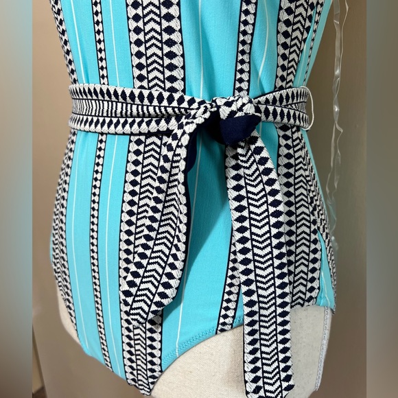 NWT Lemlem turquoise navy white tribal stripe belted swimsuit size medium - Picture 11 of 16